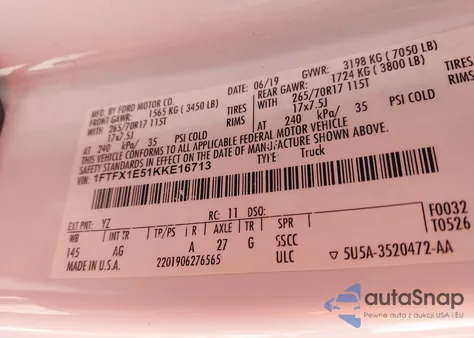 2019 Ford F-150 Xl z USA, uszkodzony, nr VIN 1FTFX1E51KKE16713